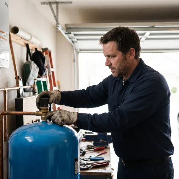 Well pump technician servicing the pump, pressure switch, and tank at a Whatcom County home