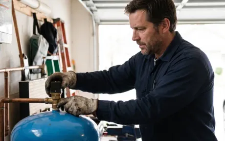 Waterlogged pressure tank being checked by a technician
